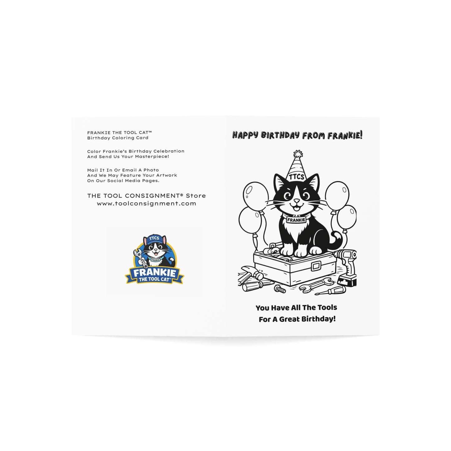 Frankie The Tool Cat Color-Your-Own Birthday Card – Kids Coloring Birthday Card – Tool Theme Birthday Card